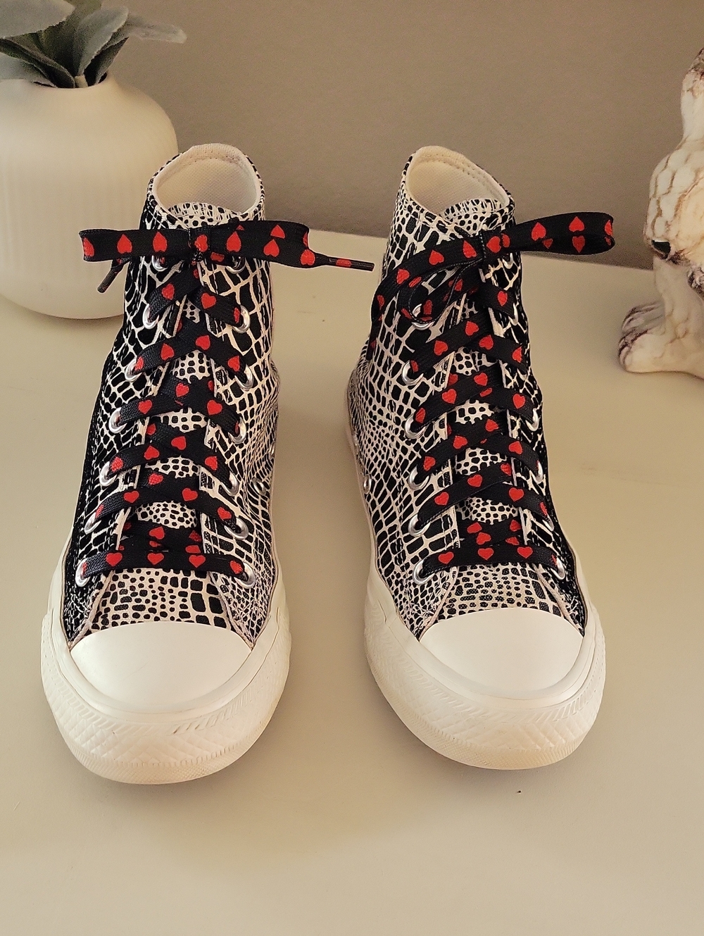 Converse Women's Black & White High-Top Sneakers with Red Heart Accents